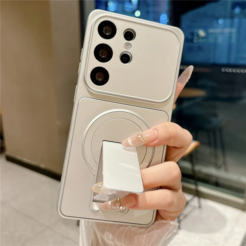For Samsung Galaxy S25 Ultra Magnetic Cell Phone Case with Foldable Kickstand TPU PC Back Cover - Silver