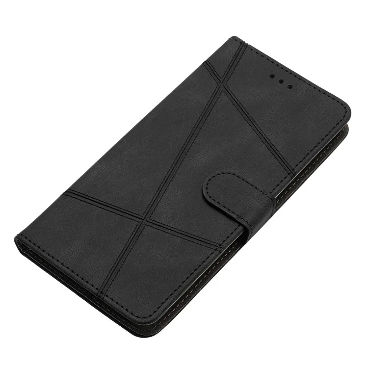 Case de Teléfono de Billetera Para Iphone 13 Pro 6.1 Pulgadas Líneas Impresas Anti-Drop Stand Case Crazy Horse Texture PU Cuero Con Correa - Negro