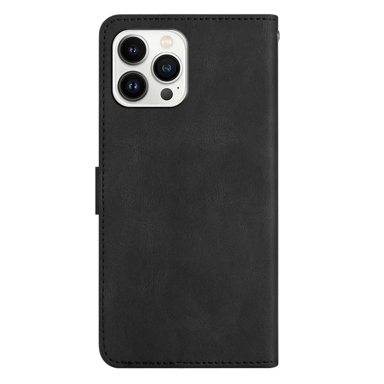 Case de Teléfono de Billetera Para Iphone 13 Pro 6.1 Pulgadas Líneas Impresas Anti-Drop Stand Case Crazy Horse Texture PU Cuero Con Correa - Negro