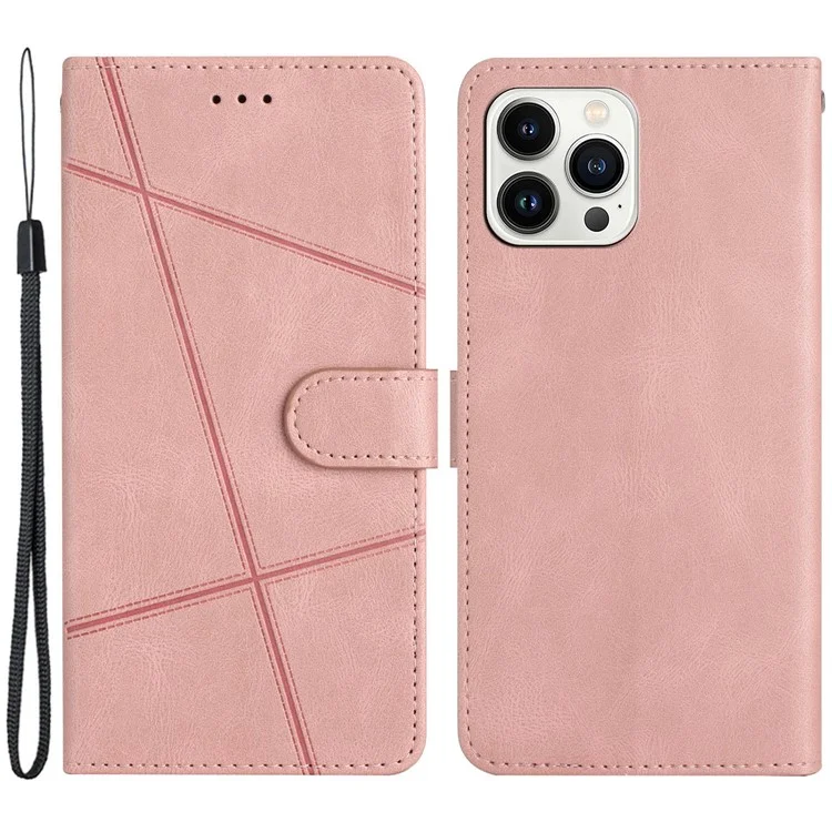 Per iPhone 14 Pro Max Crazy Horse Texture PU Leather Flip Case Imprinted Lines Stand Wallet Folio Cover with Strap - Rose Gold