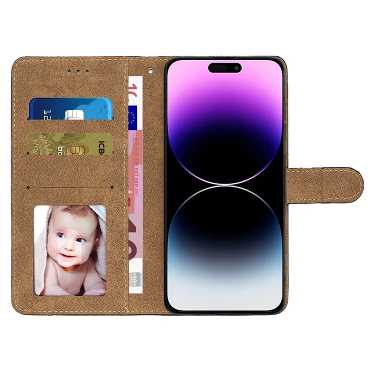 Per iPhone 14 Pro Max Crazy Horse Texture PU Leather Flip Case Imprinted Lines Stand Wallet Folio Cover with Strap - Rose Gold