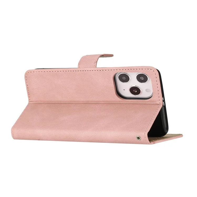 Per iPhone 14 Pro Max Crazy Horse Texture PU Leather Flip Case Imprinted Lines Stand Wallet Folio Cover with Strap - Rose Gold