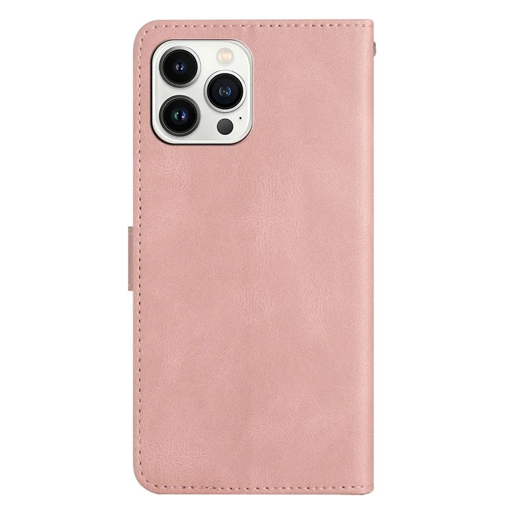 Per iPhone 14 Pro Max Crazy Horse Texture PU Leather Flip Case Imprinted Lines Stand Wallet Folio Cover with Strap - Rose Gold