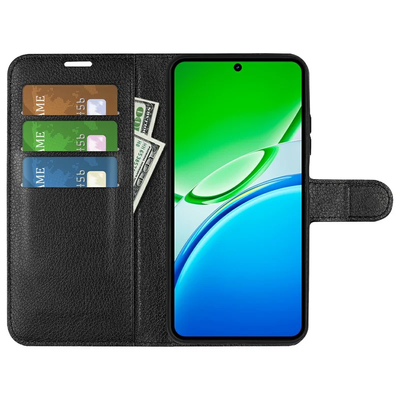 AMORUS For vivo Y31 5G Wallet Case Litchi Texture Shockproof Leather Flip Stand Phone Cover - Black