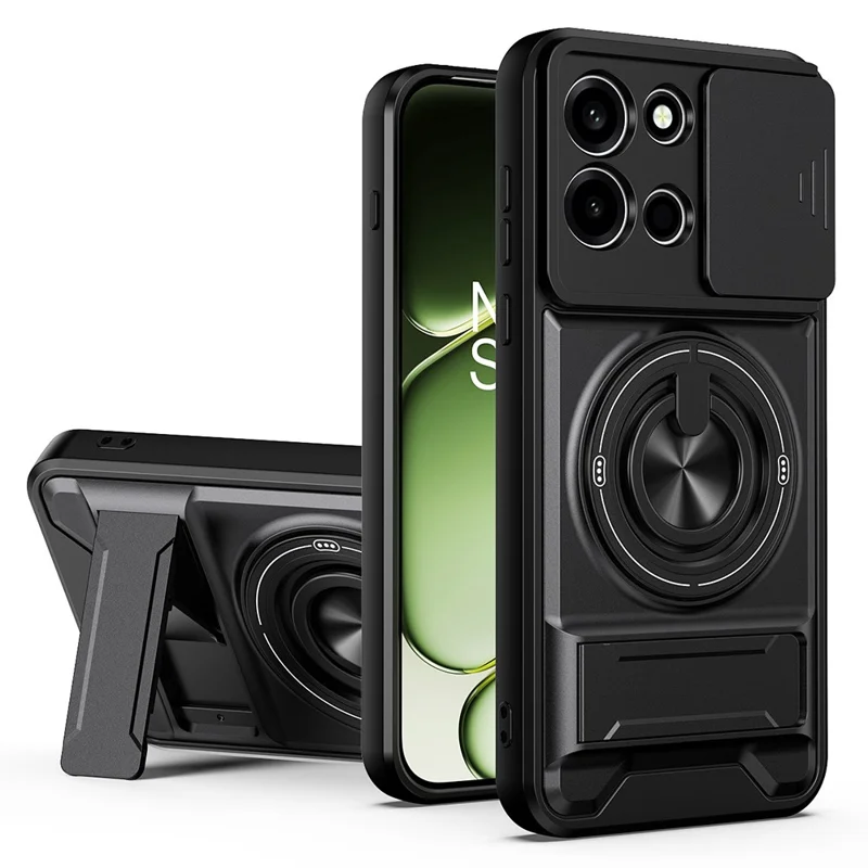 Cover magnetico per OnePlus Nord 6 5G con anello supporto, kickstand pieghevole, custodia in TPU e PC con slider per obiettivo della fotocamera - Nero