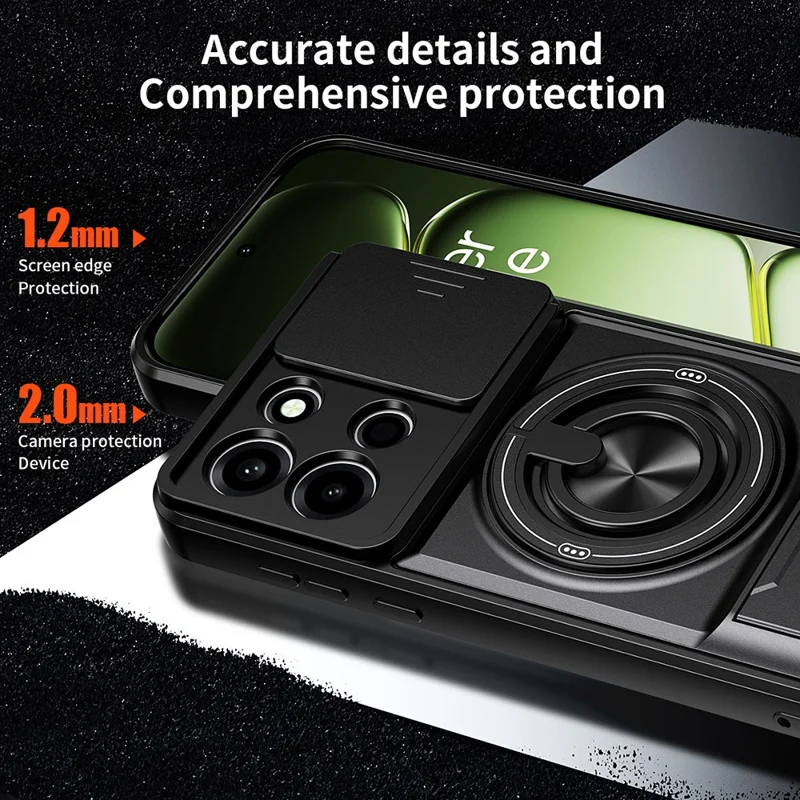 Cover magnetico per OnePlus Nord 6 5G con anello supporto, kickstand pieghevole, custodia in TPU e PC con slider per obiettivo della fotocamera - Nero