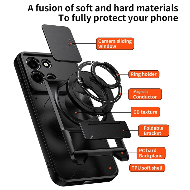 Cover magnetico per OnePlus Nord 6 5G con anello supporto, kickstand pieghevole, custodia in TPU e PC con slider per obiettivo della fotocamera - Nero