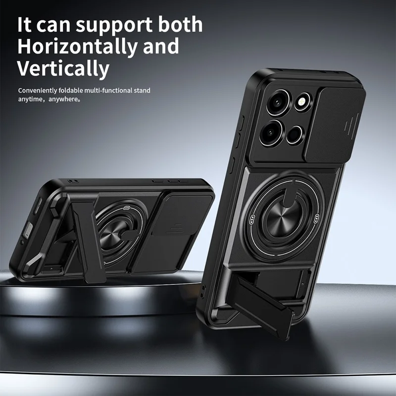 Cover magnetico per OnePlus Nord 6 5G con anello supporto, kickstand pieghevole, custodia in TPU e PC con slider per obiettivo della fotocamera - Nero