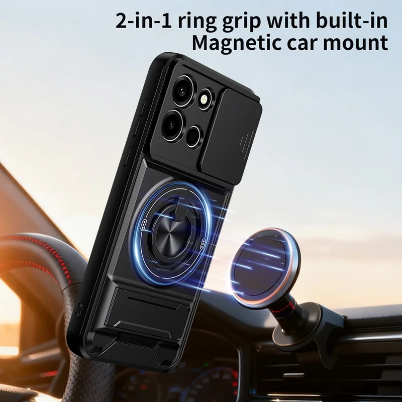 Cover magnetico per OnePlus Nord 6 5G con anello supporto, kickstand pieghevole, custodia in TPU e PC con slider per obiettivo della fotocamera - Nero