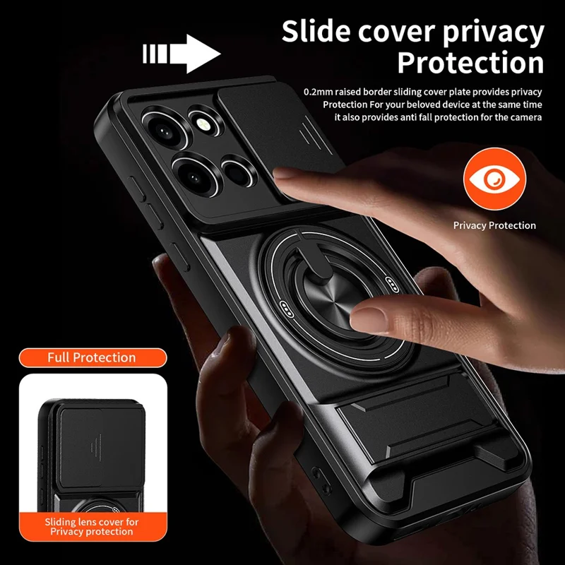 Cover magnetico per OnePlus Nord 6 5G con anello supporto, kickstand pieghevole, custodia in TPU e PC con slider per obiettivo della fotocamera - Nero