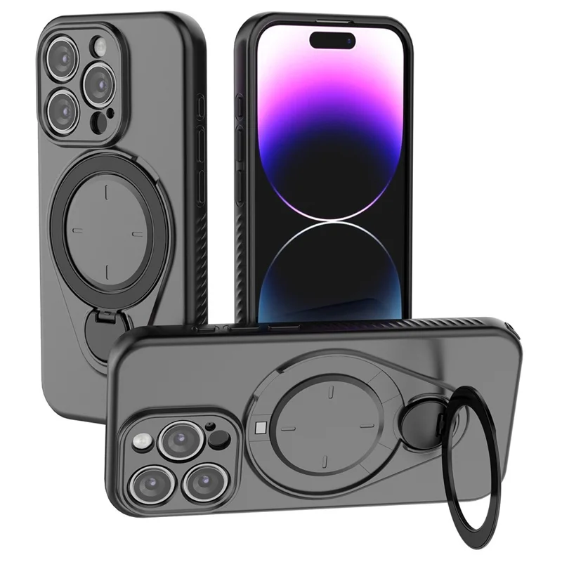 Magnetisk hårddisk för iPhone 15 Pro med roterande stöd TPU PC mobilskal - Svart