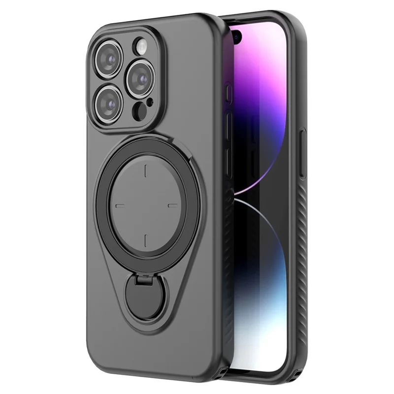 Magnetisk hårddisk för iPhone 15 Pro med roterande stöd TPU PC mobilskal - Svart