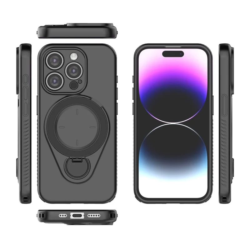 Magnetisk hårddisk för iPhone 15 Pro med roterande stöd TPU PC mobilskal - Svart