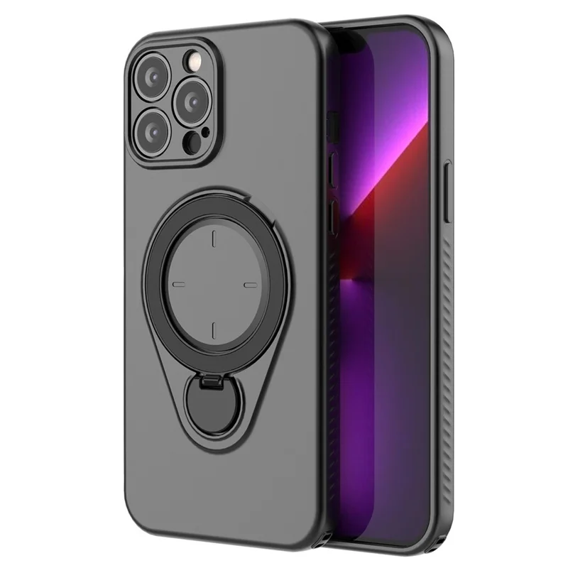 For iPhone 13 Pro Max Magnetic Case Rotating Kickstand TPU PC Phone Cover - Black