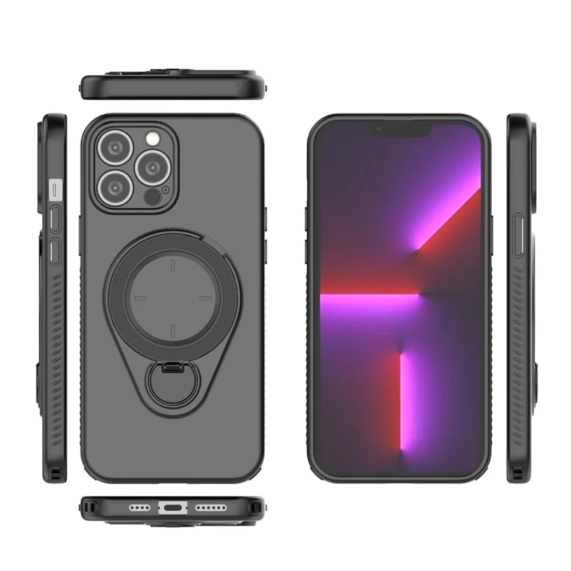For iPhone 13 Pro Max Magnetic Case Rotating Kickstand TPU PC Phone Cover - Black