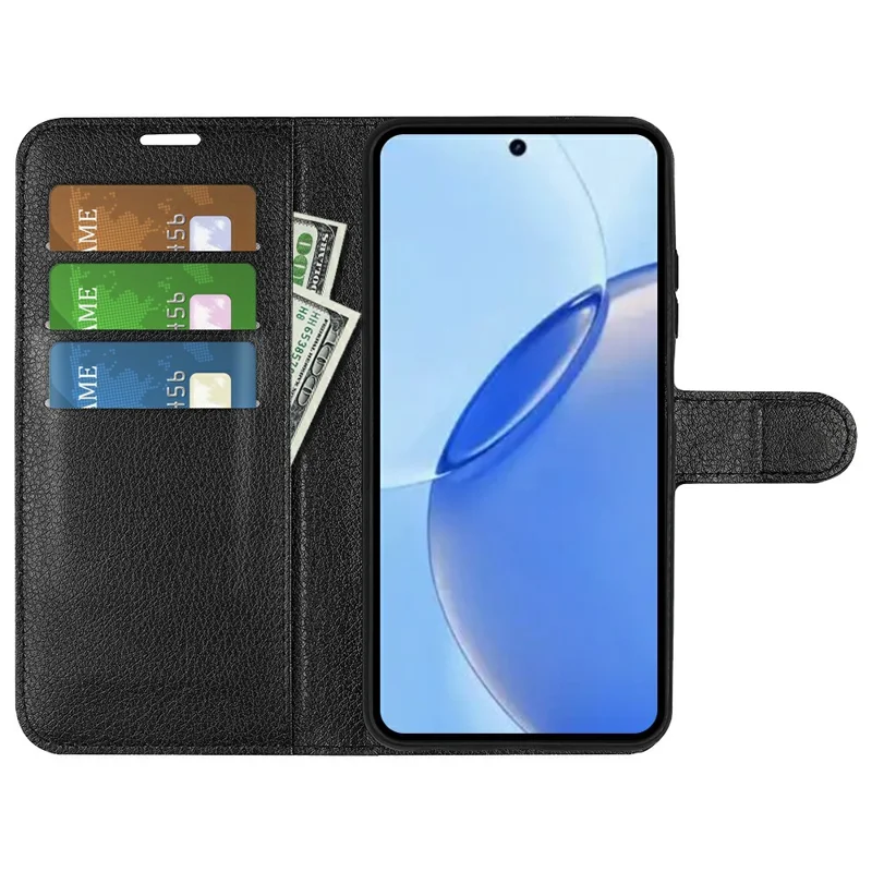 AMORUS til Realme 16 Pro 5G tegnebogstaske med litchi-struktur stødfast læder flip stand telefonbeskytning - Sort