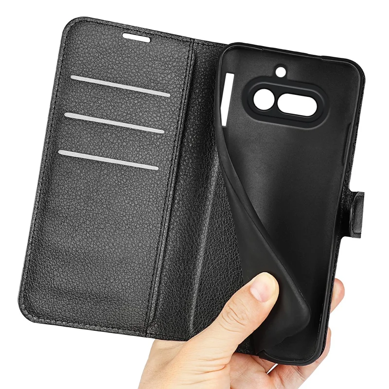 AMORUS For Nothing Phone (4a) Wallet Case Litchi Texture Shockproof Leather Flip Stand Phone Cover - Black