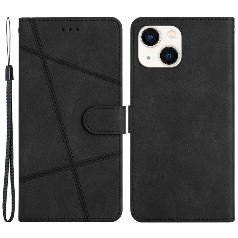 Per iPhone 13 Cover Telefono da 6,1 pollici Con Decorazione a Linee Impresse Portafoglio Texture Pelle Cavallo Pazzo Stand Custodia Telefono con Cinturino - Nero
