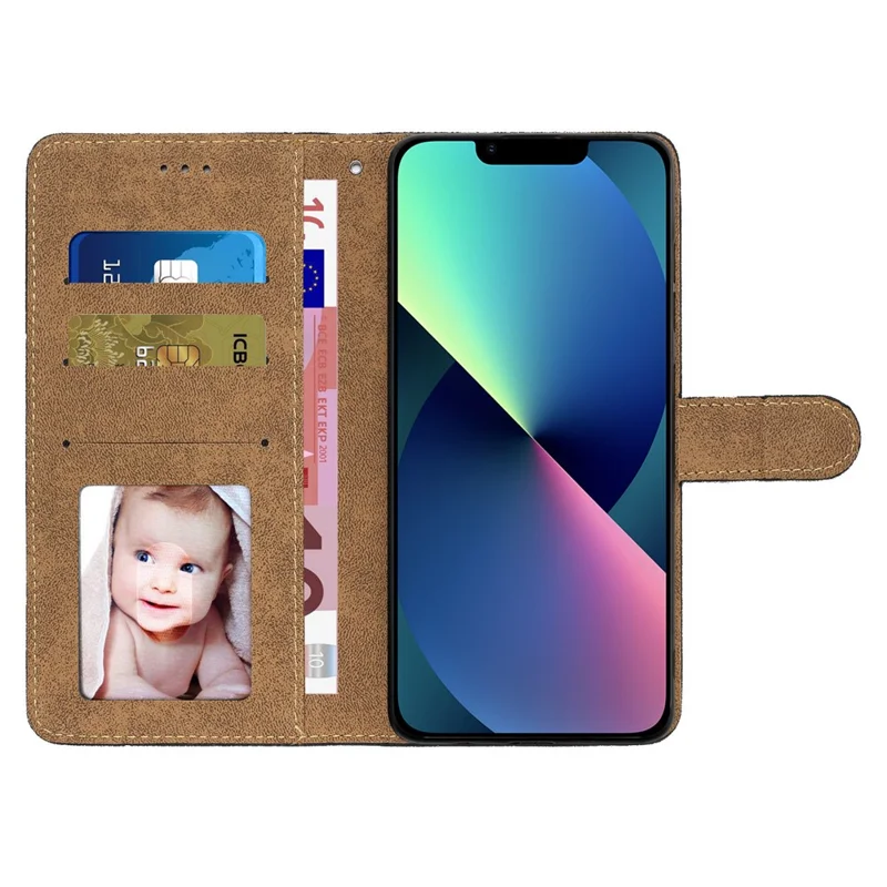 Per iPhone 13 Cover Telefono da 6,1 pollici Con Decorazione a Linee Impresse Portafoglio Texture Pelle Cavallo Pazzo Stand Custodia Telefono con Cinturino - Nero