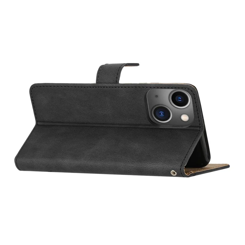 Per iPhone 13 Cover Telefono da 6,1 pollici Con Decorazione a Linee Impresse Portafoglio Texture Pelle Cavallo Pazzo Stand Custodia Telefono con Cinturino - Nero