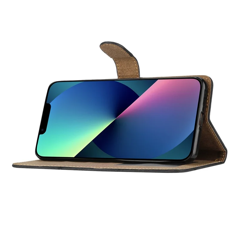 Per iPhone 13 Cover Telefono da 6,1 pollici Con Decorazione a Linee Impresse Portafoglio Texture Pelle Cavallo Pazzo Stand Custodia Telefono con Cinturino - Nero