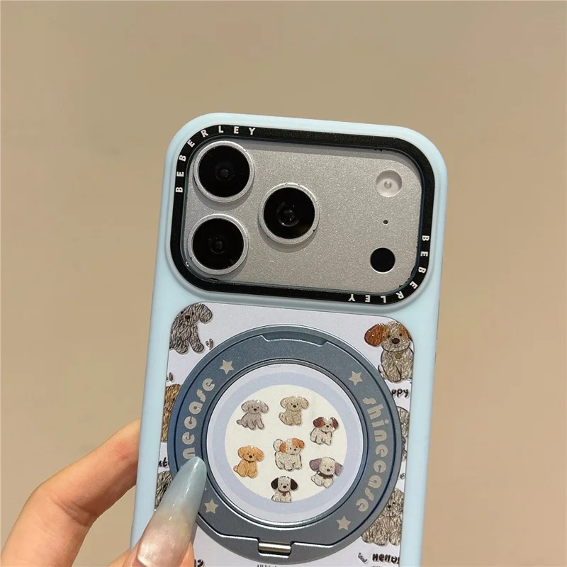 For iPhone 17 Pro Mobile Phone Case Cartoon Dog Pattern PC Protective Cover with 360° Magnetic Rotating Kickstand - Blue