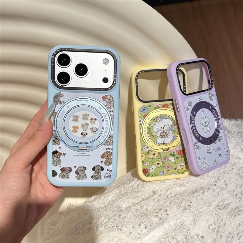 For iPhone 17 Pro Mobile Phone Case Cartoon Dog Pattern PC Protective Cover with 360° Magnetic Rotating Kickstand - Blue