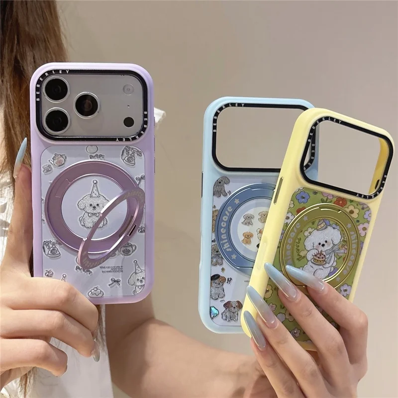 For iPhone 17 Pro Mobile Phone Case Cartoon Dog Pattern PC Protective Cover with 360° Magnetic Rotating Kickstand - Blue