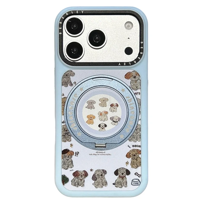 For iPhone 17 Pro Max Mobile Phone Case Cartoon Dog Pattern PC Protective Cover with 360° Magnetic Rotating Kickstand - Blue