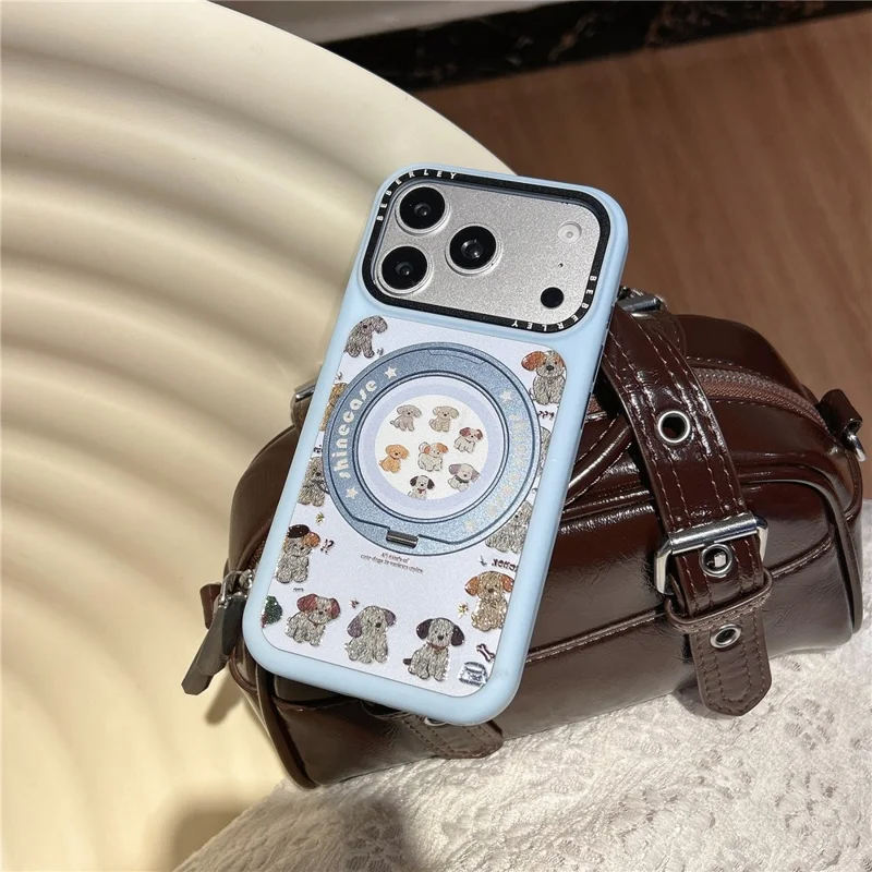 For iPhone 17 Pro Max Mobile Phone Case Cartoon Dog Pattern PC Protective Cover with 360° Magnetic Rotating Kickstand - Blue