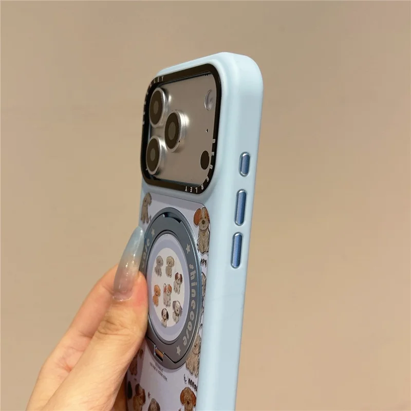For iPhone 17 Pro Max Mobile Phone Case Cartoon Dog Pattern PC Protective Cover with 360° Magnetic Rotating Kickstand - Blue