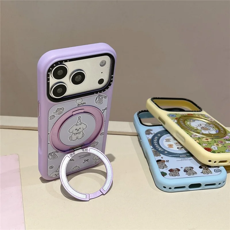 For iPhone 17 Pro Max Mobile Phone Case Cartoon Dog Pattern PC Protective Cover with 360° Magnetic Rotating Kickstand - Blue