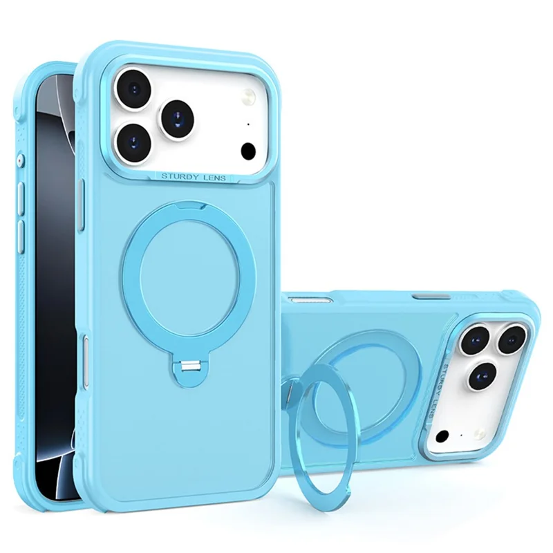 For iPhone 17 Pro Max Semi-transparent Frosted Back Cover Skin-friendly TPU PC Case with 360° Magnetic Rotating Kickstand - Lake Blue