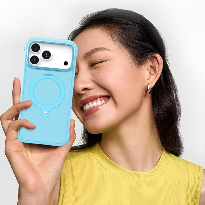 For iPhone 17 Pro Max Semi-transparent Frosted Back Cover Skin-friendly TPU PC Case with 360° Magnetic Rotating Kickstand - Lake Blue