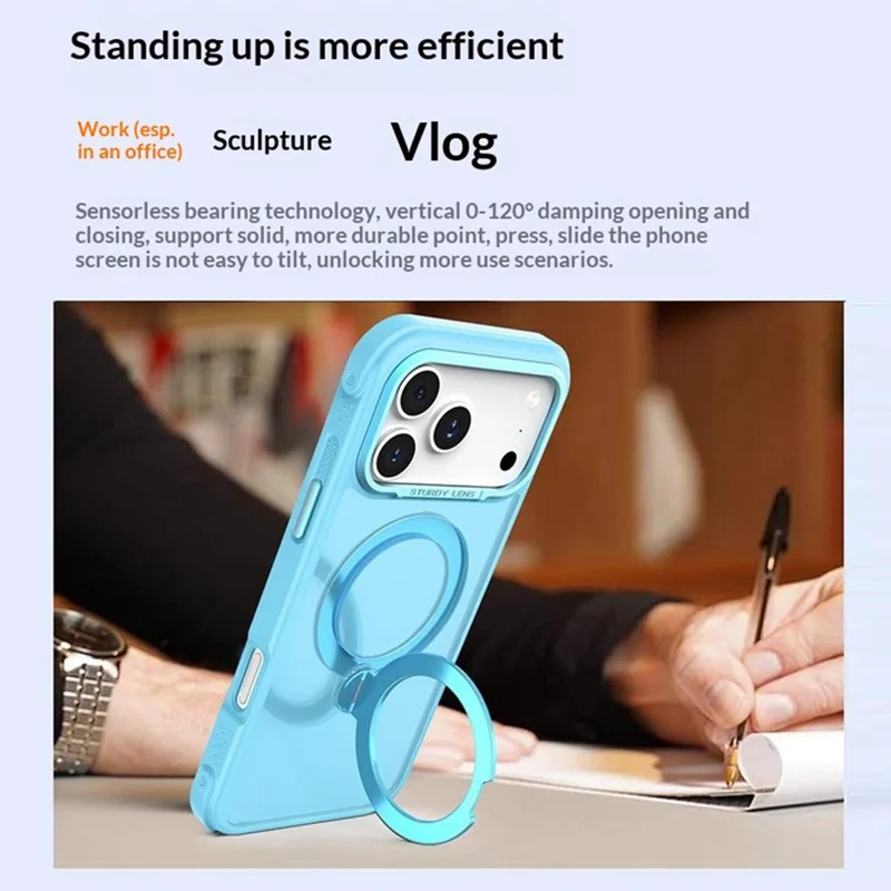 For iPhone 17 Pro Max Semi-transparent Frosted Back Cover Skin-friendly TPU PC Case with 360° Magnetic Rotating Kickstand - Lake Blue