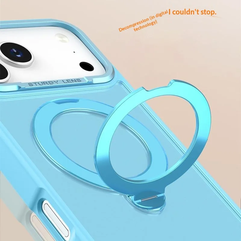 For iPhone 17 Pro Max Semi-transparent Frosted Back Cover Skin-friendly TPU PC Case with 360° Magnetic Rotating Kickstand - Lake Blue