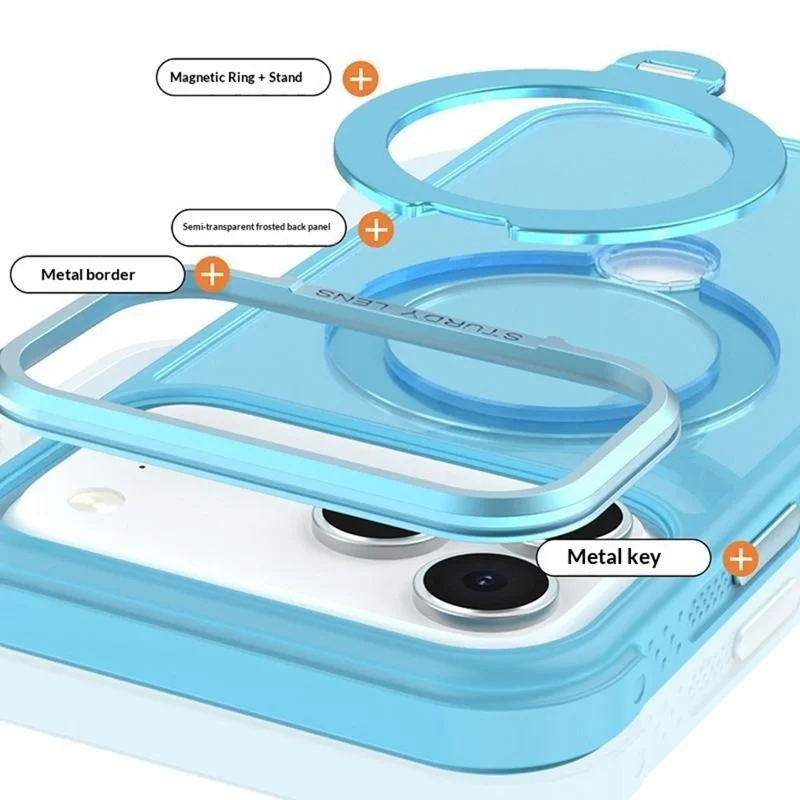 For iPhone 17 Pro Max Semi-transparent Frosted Back Cover Skin-friendly TPU PC Case with 360° Magnetic Rotating Kickstand - Lake Blue