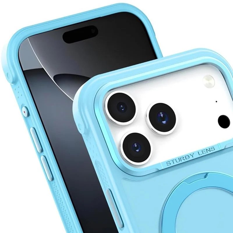 For iPhone 17 Pro Max Semi-transparent Frosted Back Cover Skin-friendly TPU PC Case with 360° Magnetic Rotating Kickstand - Lake Blue
