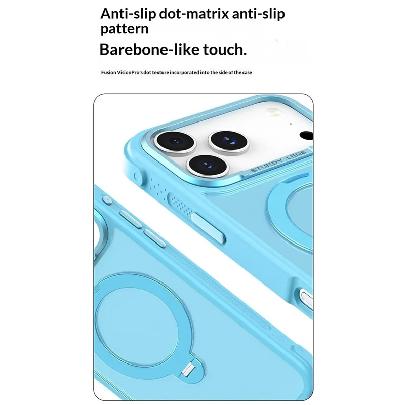 For iPhone 17 Pro Max Semi-transparent Frosted Back Cover Skin-friendly TPU PC Case with 360° Magnetic Rotating Kickstand - Lake Blue