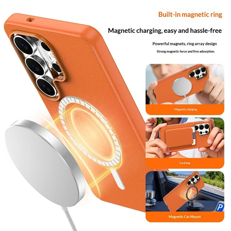 For Samsung Galaxy S26 Ultra Magnetic Case Tech Fabric Coated TPU + PC Anti-Drop Phone Cover - Orange