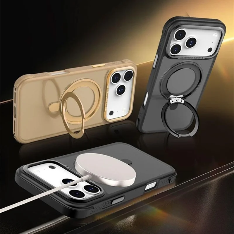 Bulk Purchasing for iPhone 17 Pro Max Magnetic Case Skin-friendly Anti-Shock TPU PC Protective Cover with Kickstand - Desert Gold