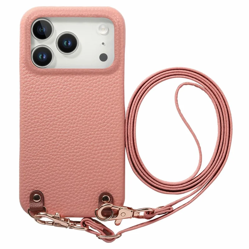 Bulk Purchasing For iPhone 17 Pro Max Litchi Pattern Case with 130cm Lanyard Shockproof PC PU Leather Cover - Pink