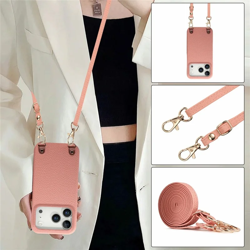 Bulk Purchasing For iPhone 17 Pro Max Litchi Pattern Case with 130cm Lanyard Shockproof PC PU Leather Cover - Pink