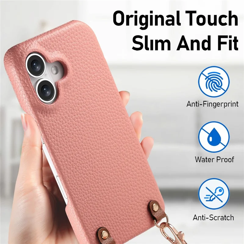 Bulk Purchasing For iPhone 17 Litchi Pattern Case with 130cm Lanyard Shockproof PC PU Leather Cover - Pink