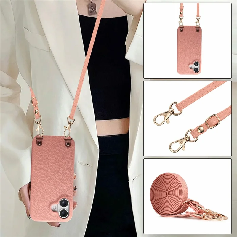 Bulk Purchasing For iPhone 17 Litchi Pattern Case with 130cm Lanyard Shockproof PC PU Leather Cover - Pink