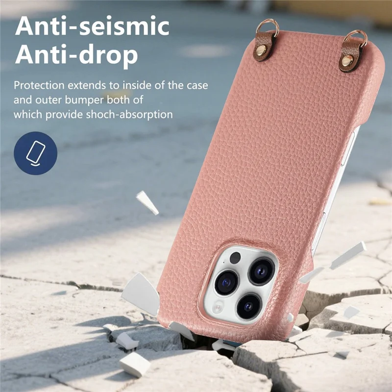 Bulk Purchasing For iPhone 16 Pro Litchi Pattern Case with 130cm Lanyard Shockproof PC PU Leather Cover - Pink