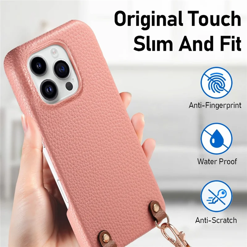 Bulk Purchasing For iPhone 16 Pro Litchi Pattern Case with 130cm Lanyard Shockproof PC PU Leather Cover - Pink