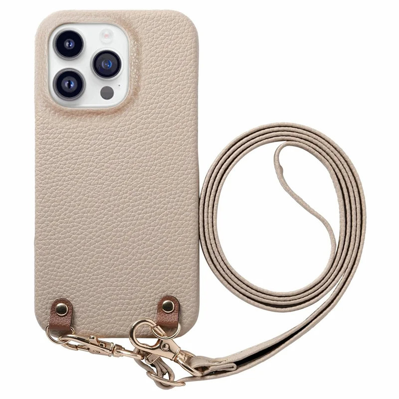 Bulk Purchasing For iPhone 16 Pro Litchi Pattern Case with 130cm Lanyard Shockproof PC PU Leather Cover - Grey  /  Silver