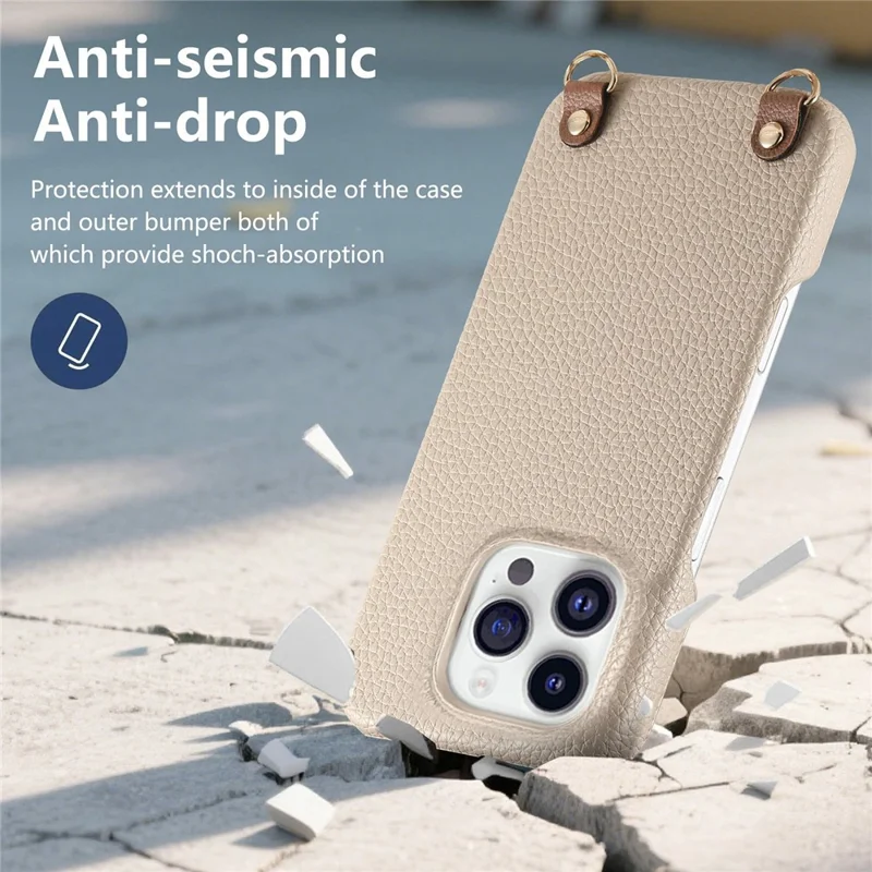 Bulk Purchasing For iPhone 16 Pro Litchi Pattern Case with 130cm Lanyard Shockproof PC PU Leather Cover - Grey  /  Silver