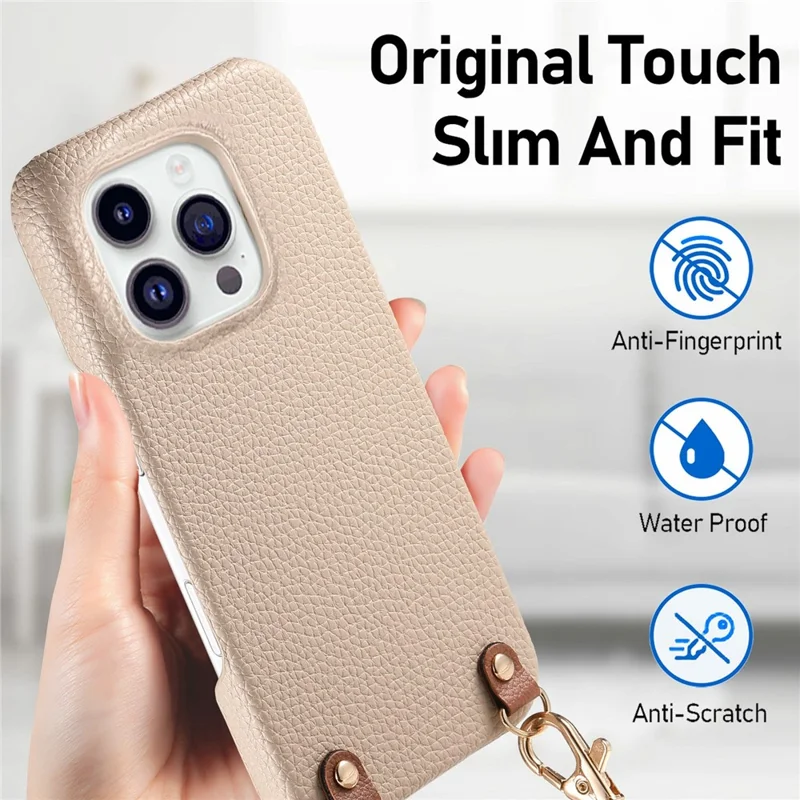 Bulk Purchasing For iPhone 16 Pro Litchi Pattern Case with 130cm Lanyard Shockproof PC PU Leather Cover - Grey  /  Silver